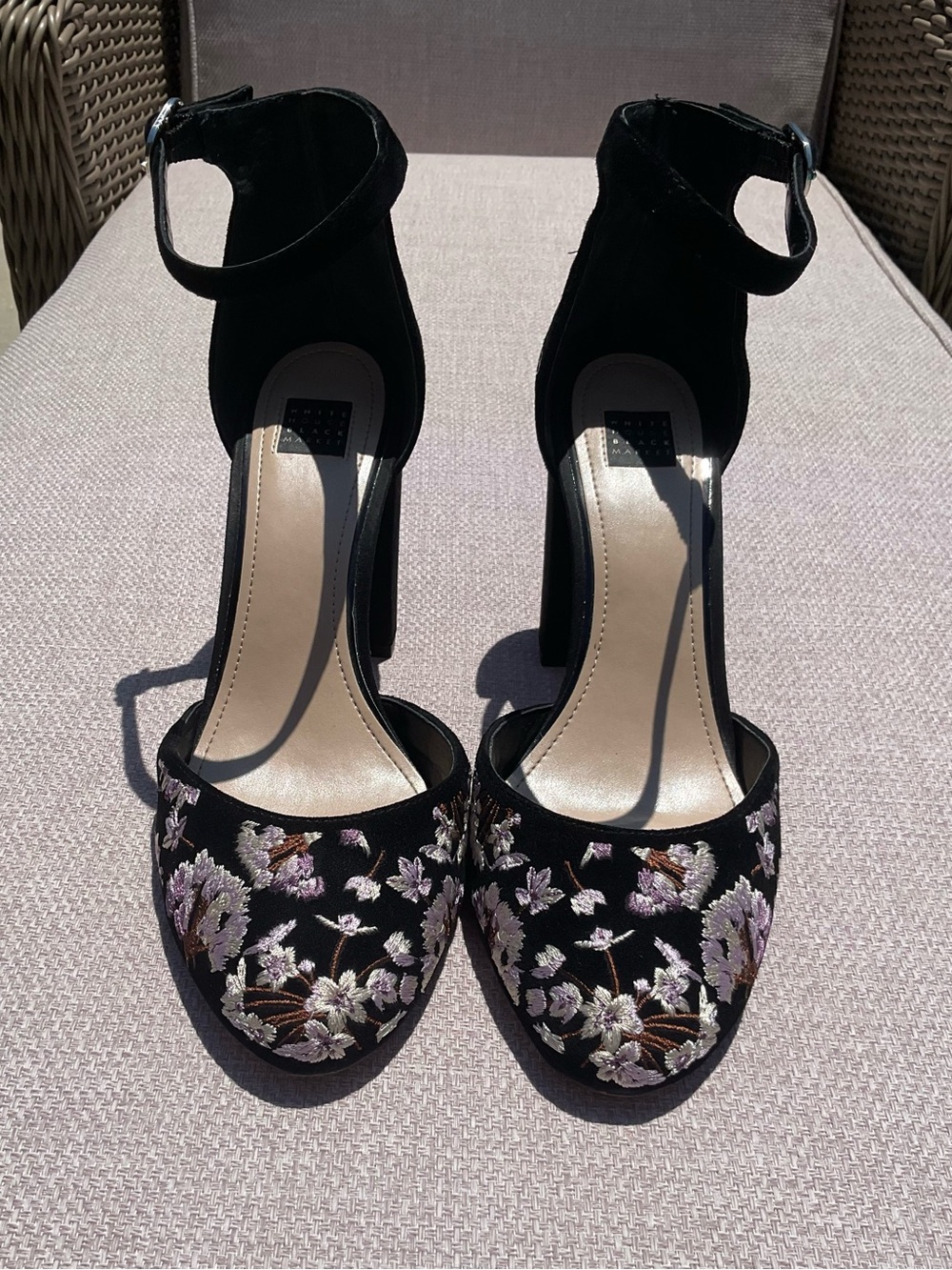 White House Black Market Black Embroidered Ankle-Strap Heels